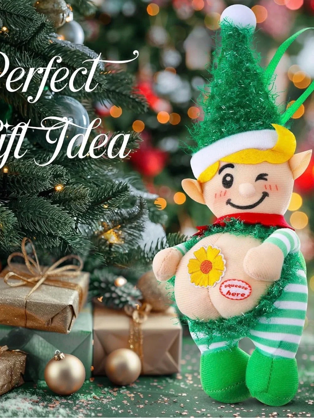 Green Elf Plush Ornament with Yellow Hair and Flower Accent